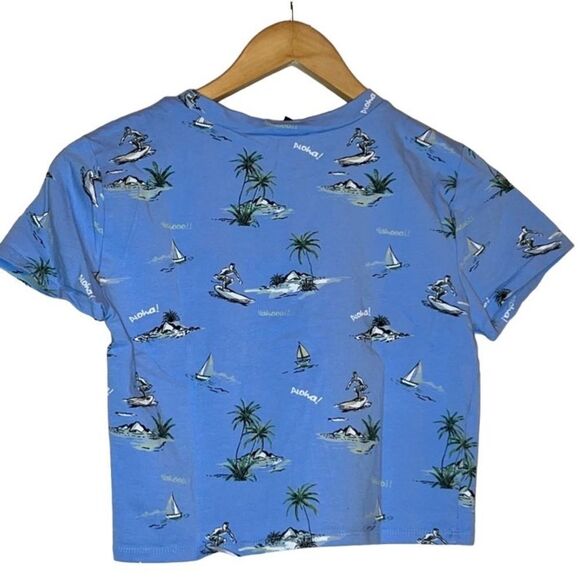 LARGE Crop Top ~ T-shirt ~ Forever 21 ~ Blue W Palm Trees ~ EUC - Picture 2 of 4